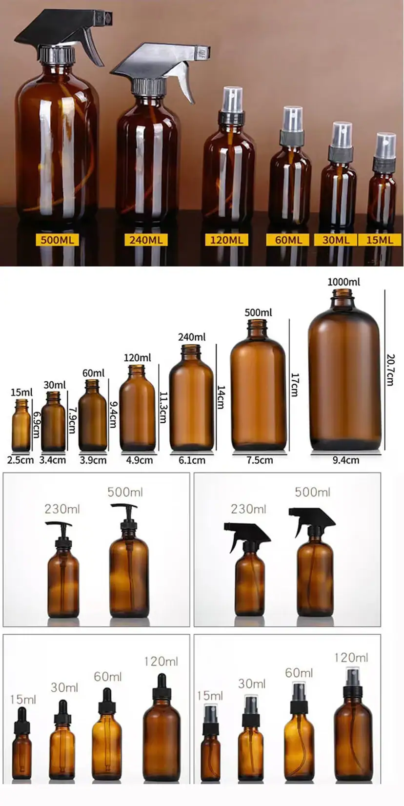 serie di bottiglie in vetro ambrato all'ingrosso con spruzzatori a pompa e dimensioni di capacità da 15 ml a 1000 ml