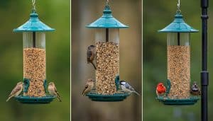 Different bird species feeding from nyjer, peanut, and sunflower seed feeders