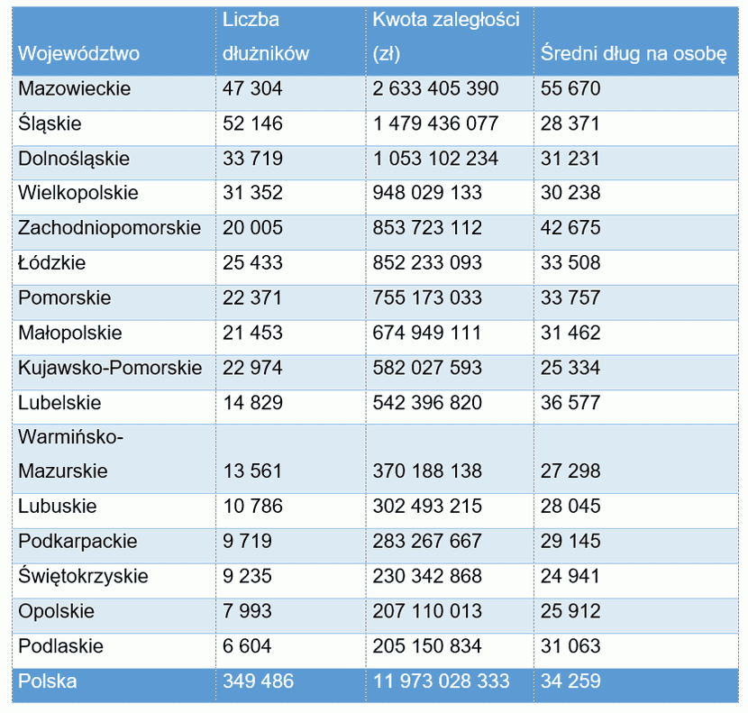 1 tabela, Prawie 12 mld złotych zaległości seniorów: najwięcej zadłużonych mieszka na Śląsku 
