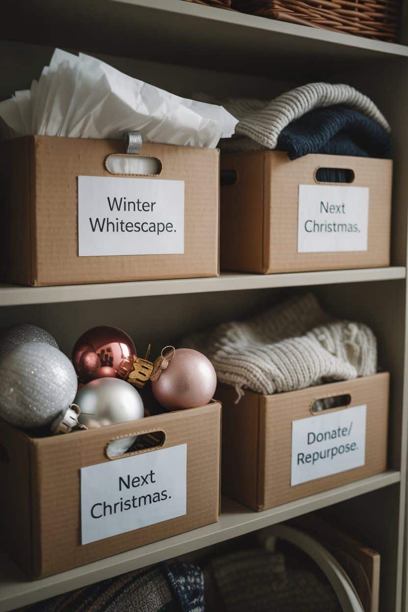 Organized shelves with boxes labeled