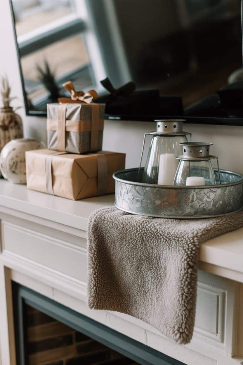 Cozy Christmas mantle decor with gifts, candles, and a textured throw.