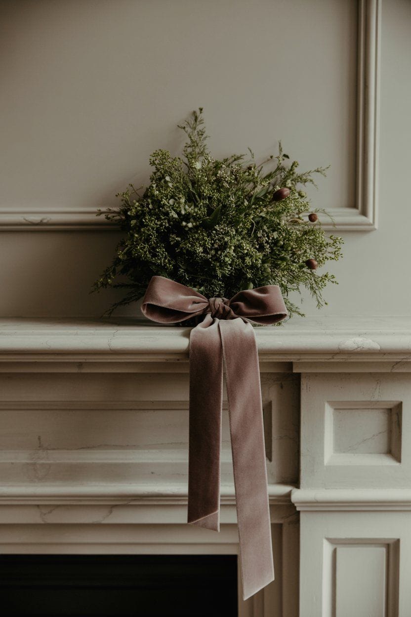 Elegant Christmas mantle decor: a lush green bouquet tied with a mauve velvet ribbon.