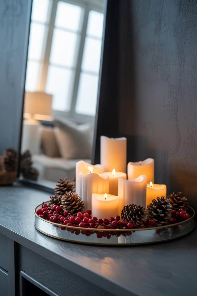 Lit candles and winter greenery arranged on a mirrored tray; elegant Christmas mantle decor.
