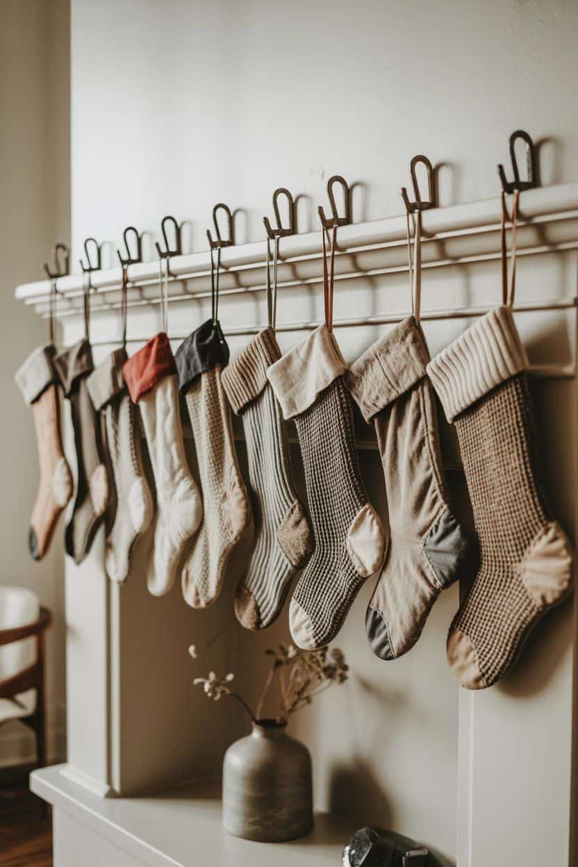 Rustic Christmas stockings hang from a mantel, creating charming holiday decor.