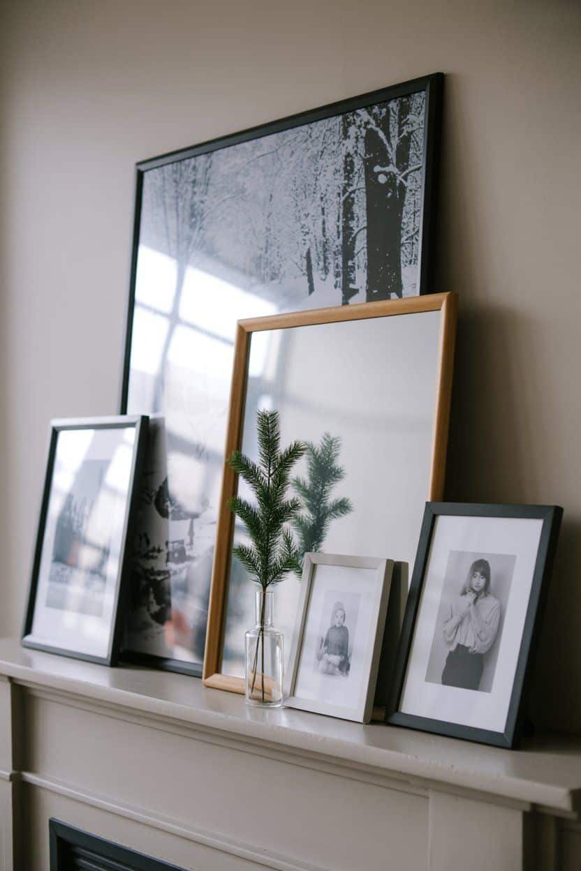 Stylish Christmas mantle decor with framed photos and a small fir sprig.