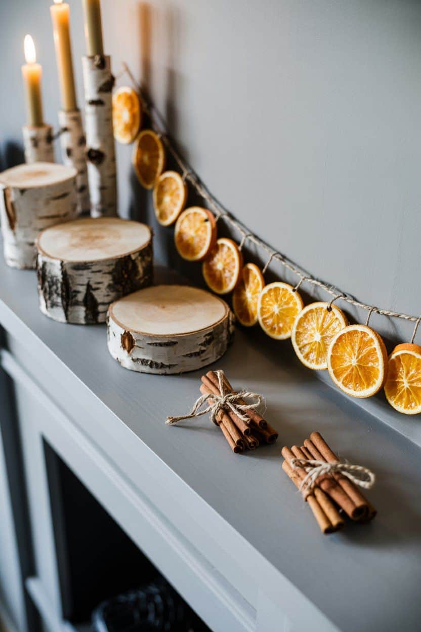 Rustic Christmas mantle decor with birch candles, dried oranges, and cinnamon sticks.