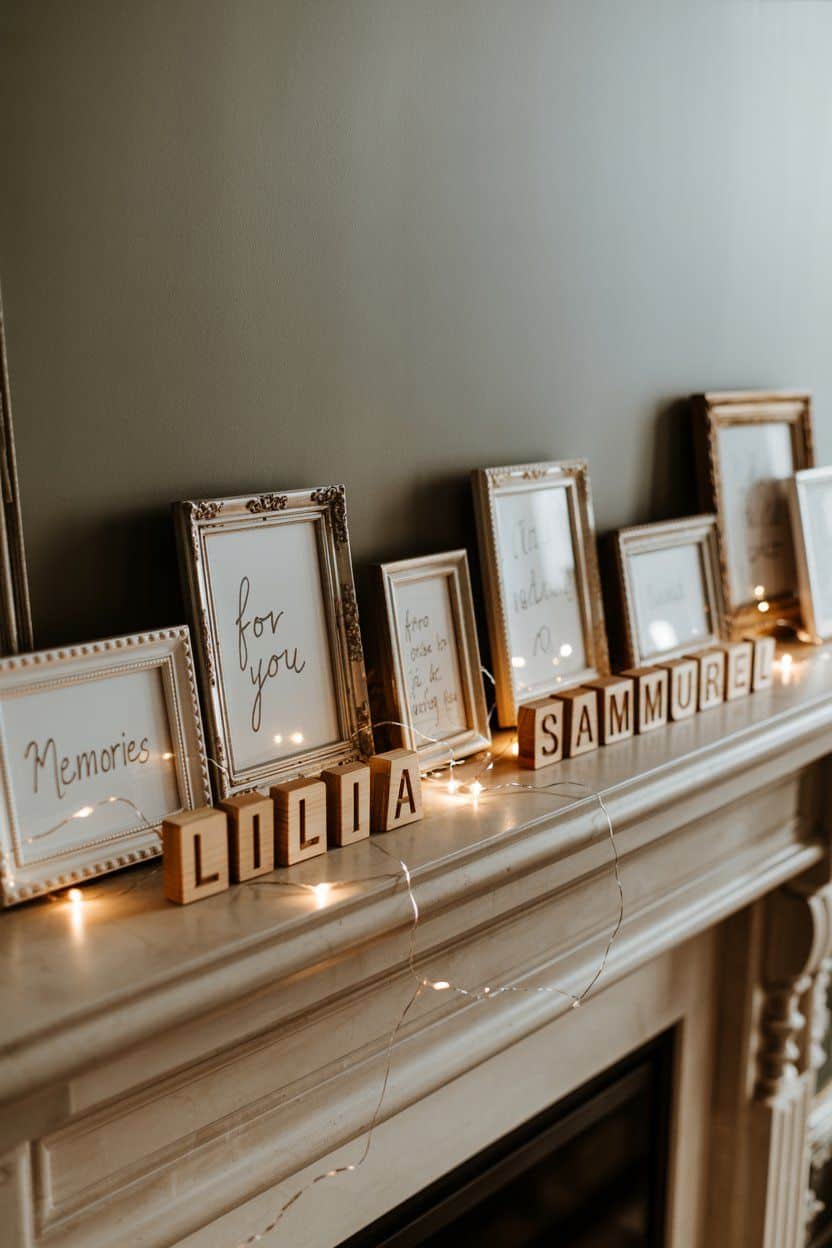 Christmas mantle decorated with framed photos, wooden blocks spelling