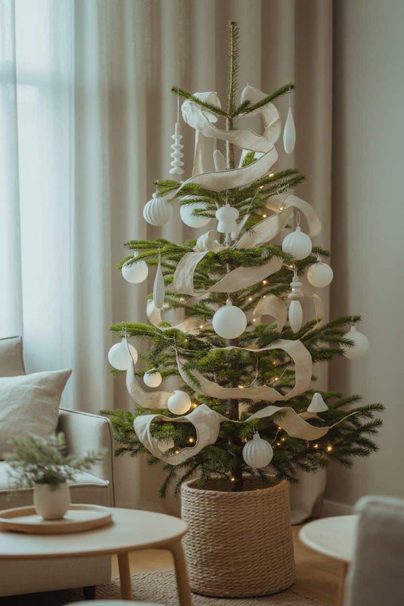 Minimalist Christmas tree decorated with white ornaments and burlap ribbon. Christmas tree decor ideas.