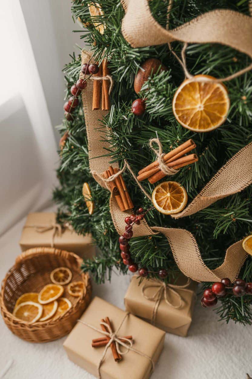 Rustic Christmas tree decorated with cinnamon sticks, dried oranges, and cranberries. Christmas tree decor ideas.