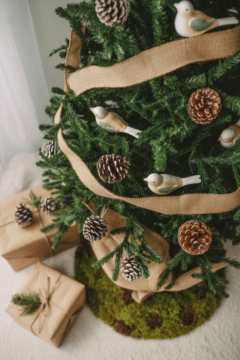 Rustic Christmas tree decorated with pinecones, burlap ribbon, and birds. Christmas tree decor ideas.