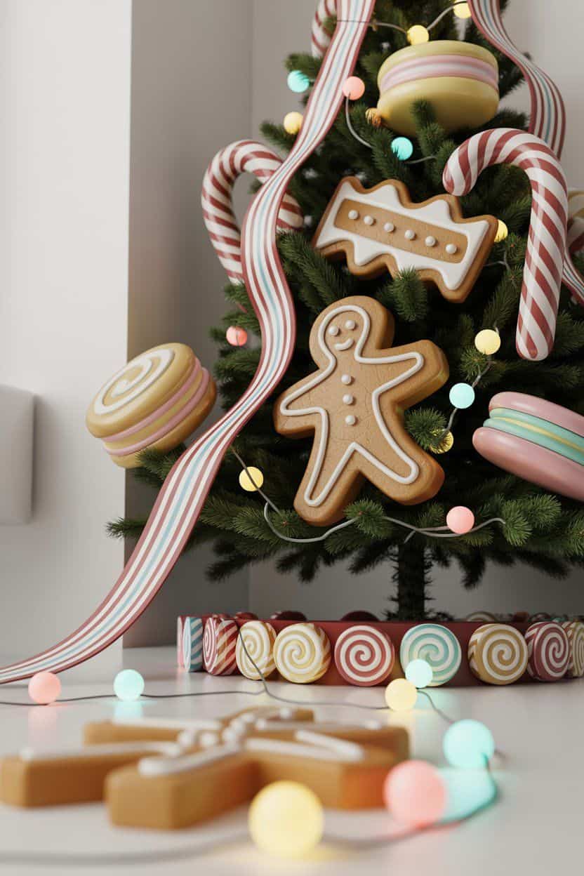Gingerbread cookies and candy adorn a miniature Christmas tree, offering unique decor ideas.