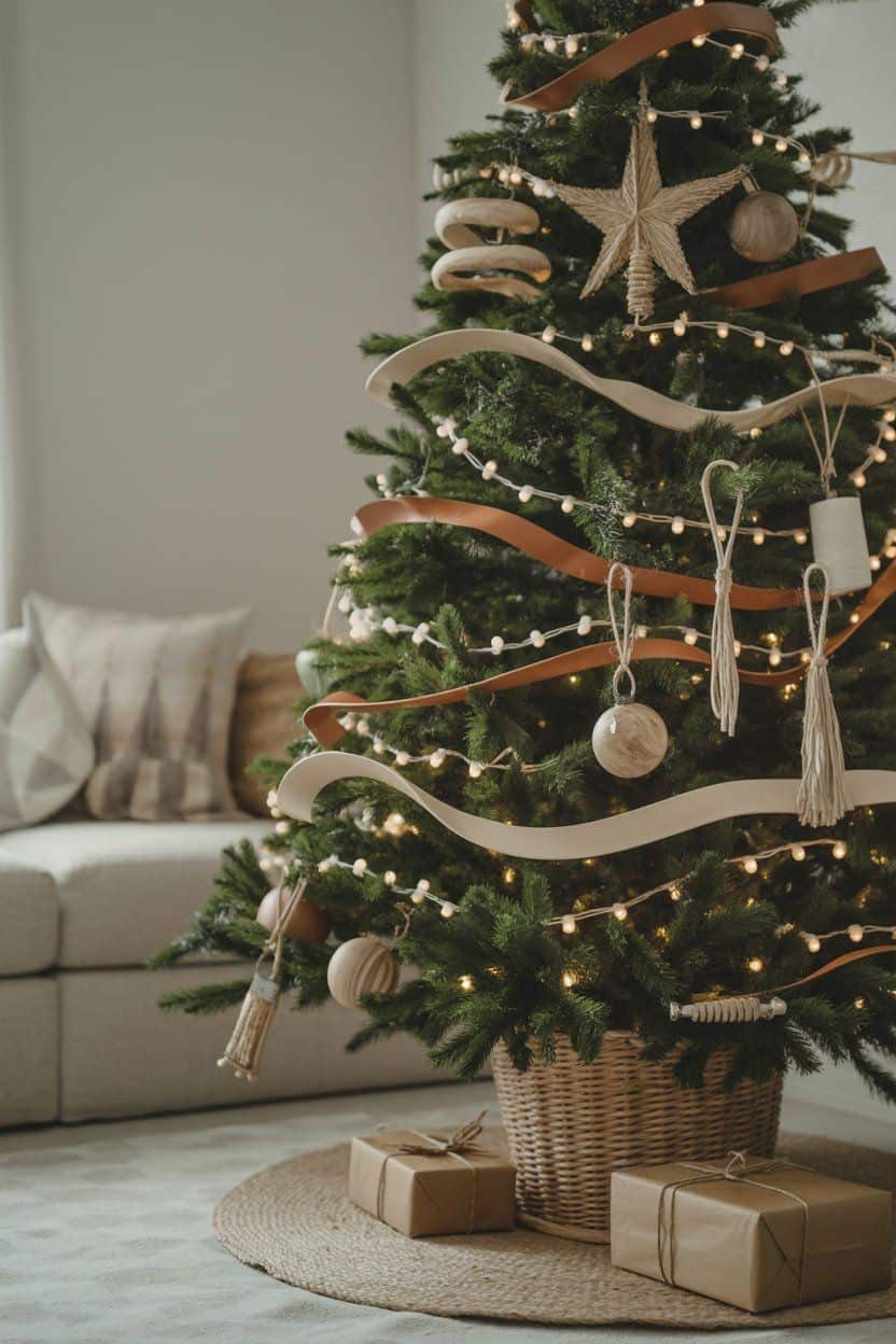 Rustic Christmas tree decorated with natural ornaments, lights, and ribbons. Christmas tree decor ideas.