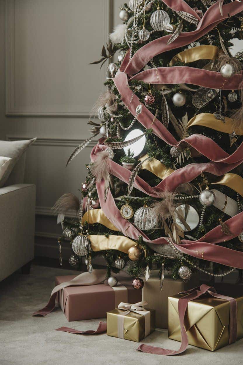 Elegant Christmas tree decorated with pink and gold ribbons, feathers, and silver ornaments. Christmas tree decor ideas.