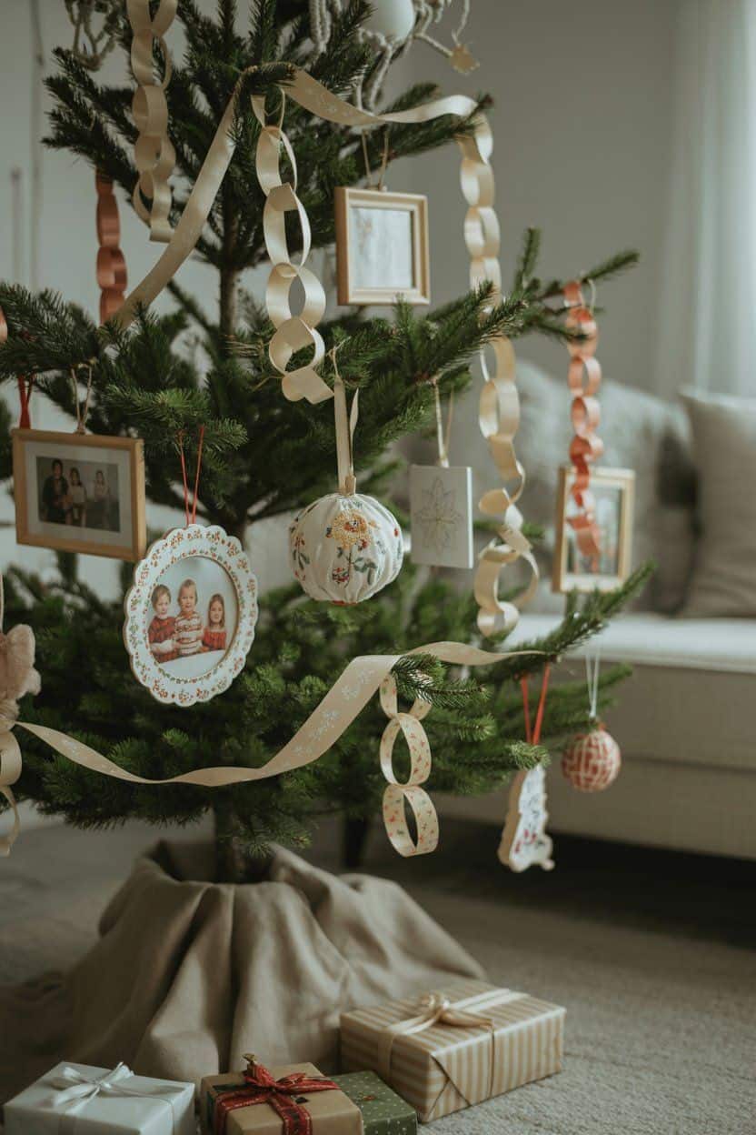 Rustic Christmas tree decorated with family photos, fabric ornaments, and paper chains. Christmas tree decor ideas.