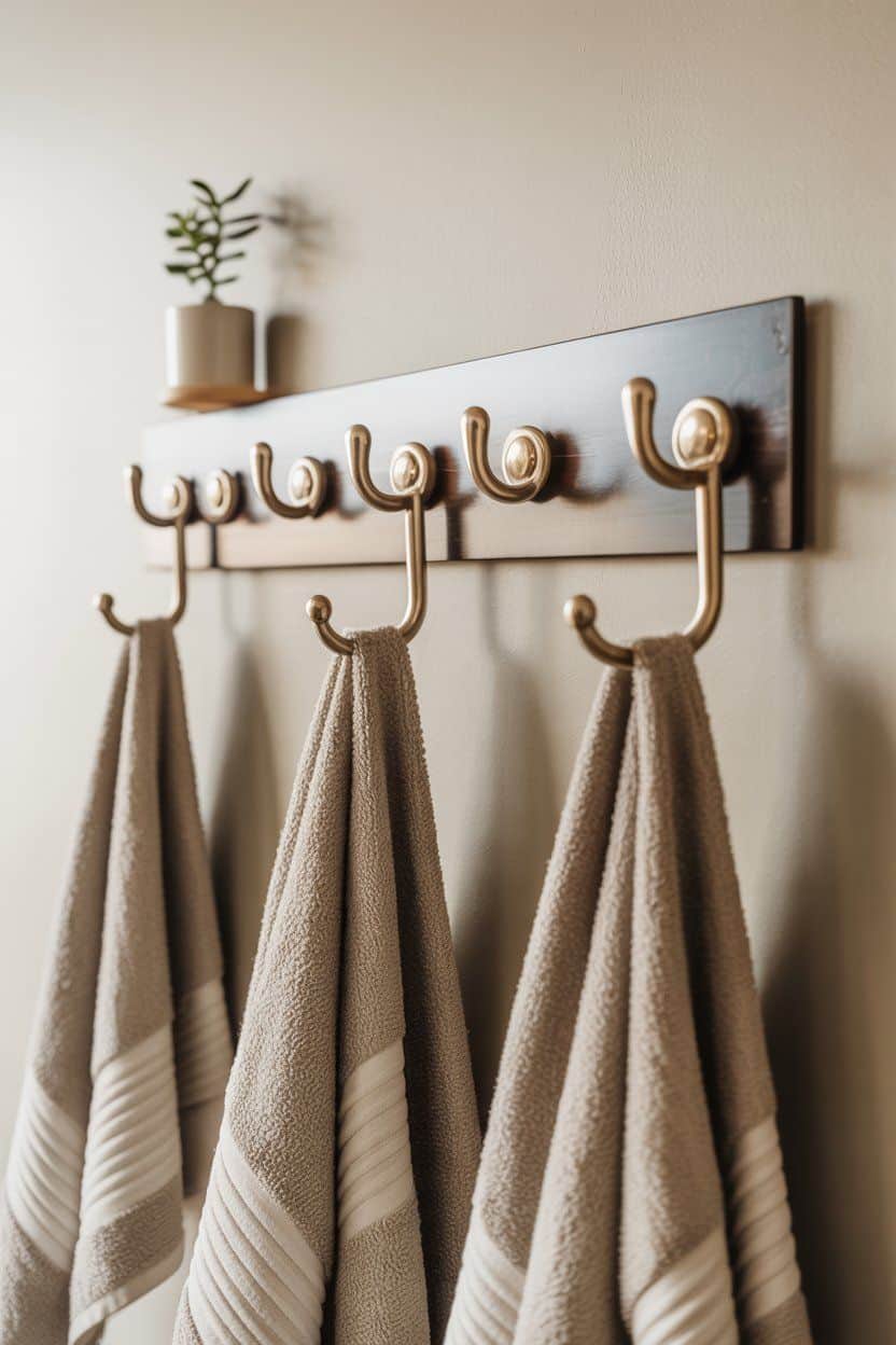 Modern towel rack bathroom ideas with beige towels hanging