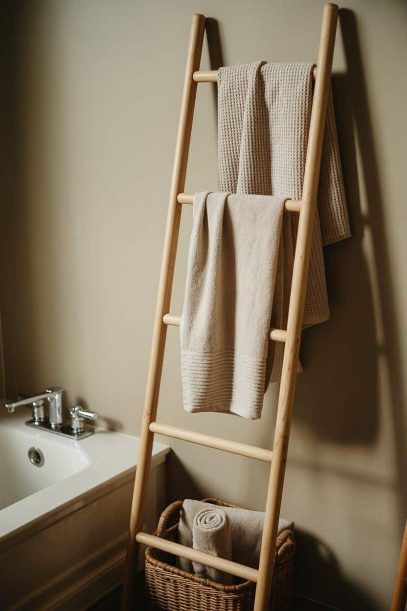 Wooden towel rack with beige towels in a bathroom, a great towel rack bathroom idea