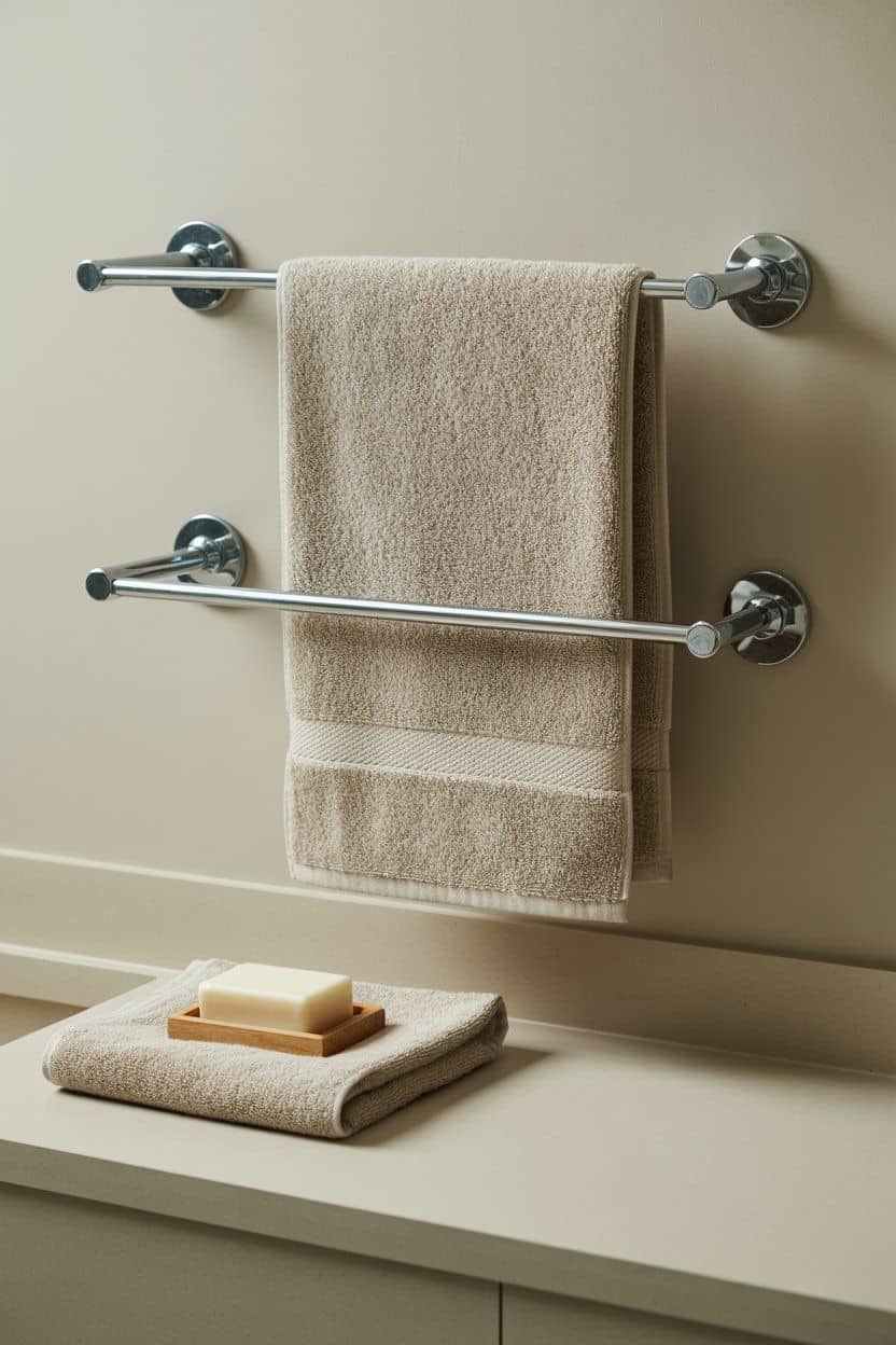 Chrome towel rack with beige towels, bathroom idea.
