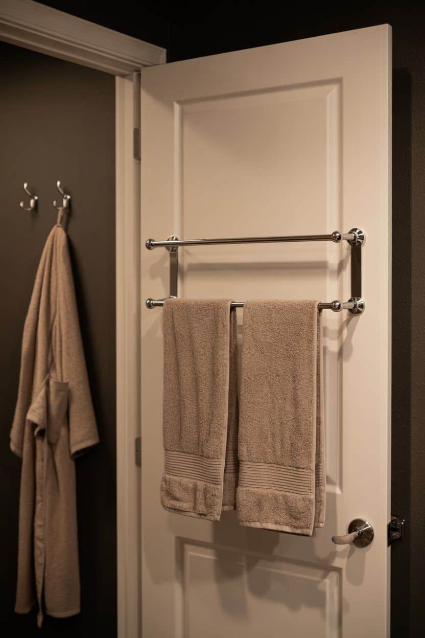 Bathroom door with towel rack holding two beige towels; towel rack bathroom ideas