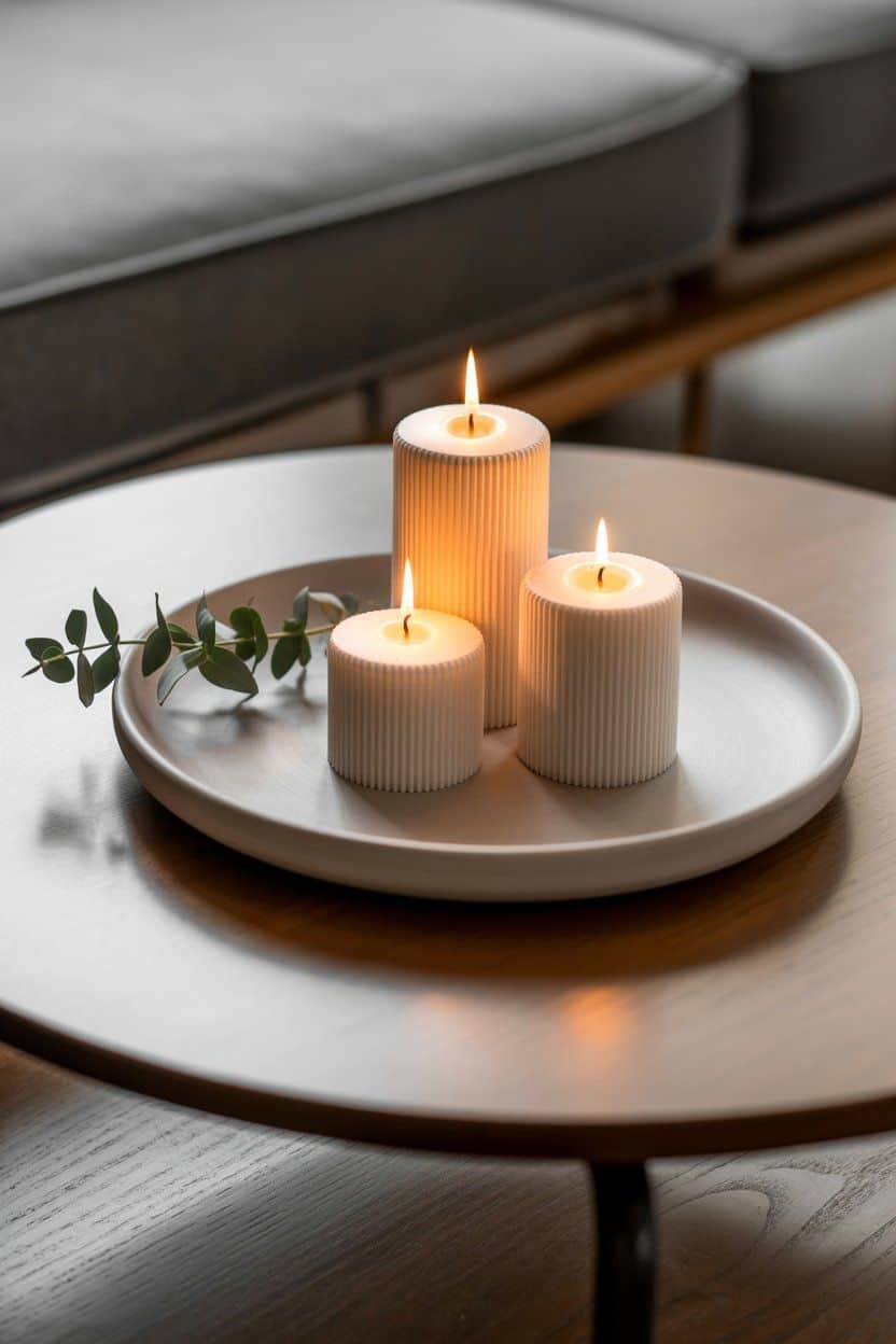 Three lit fluted candles on a round tray, minimalist Christmas decor.