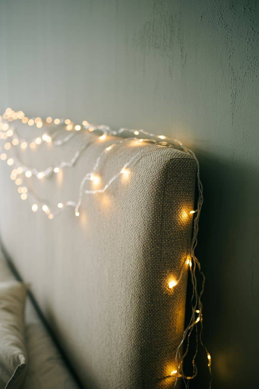 Minimalist Christmas decor: Fairy lights draped on a beige headboard.