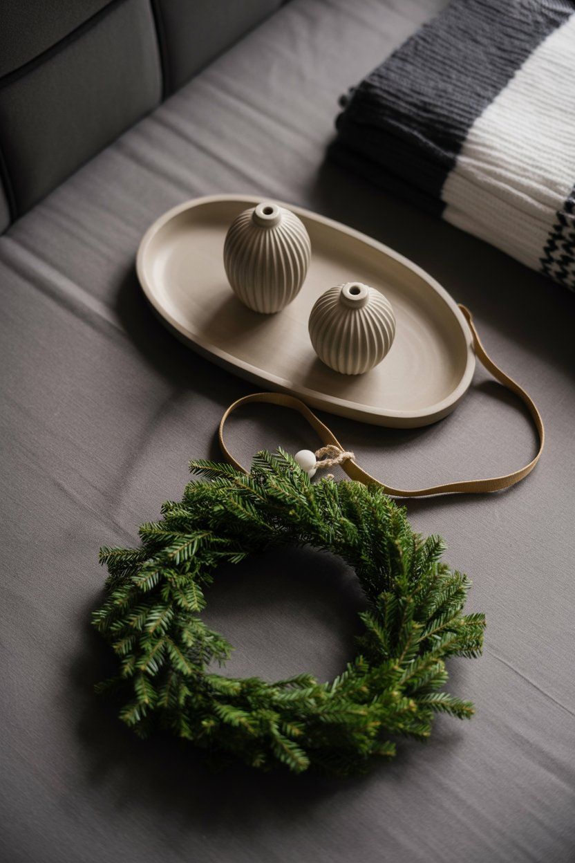Cozy winter bedroom decor: grey tray with ribbed vases and a fir wreath.