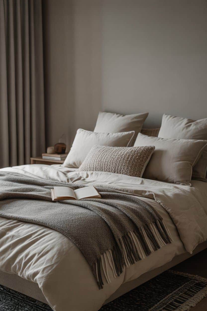 Cozy winter bedroom with beige bedding, textured pillows, and a grey throw blanket. Book rests on blanket.