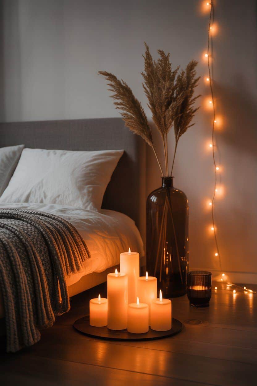 Cozy winter bedroom decor: lit candles, pampas grass, and string lights create a calm ambiance.