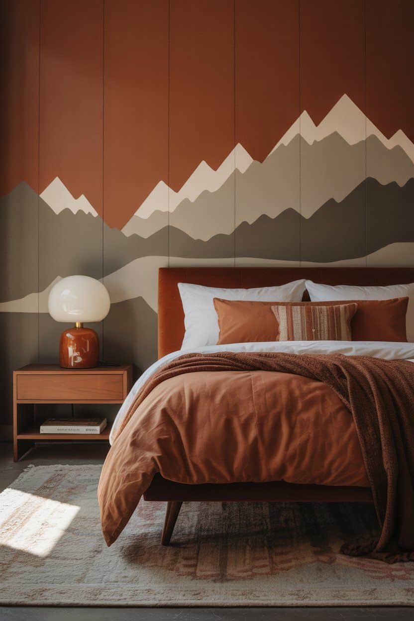 Cozy winter bedroom with terracotta bedding, mountain wall art, and warm lighting. Winter bedroom decor ideas.