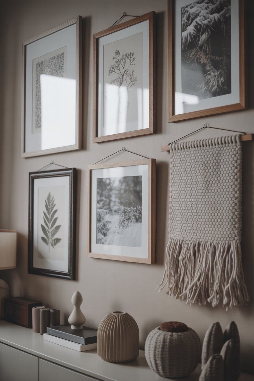 Cozy winter bedroom gallery wall with framed prints and woven wall hanging. Winter bedroom decor.
