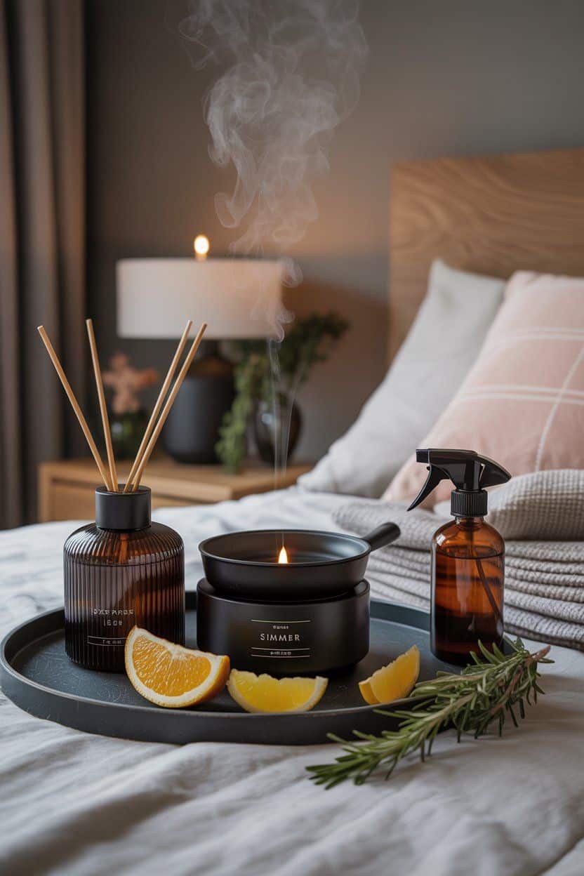 Cozy winter bedroom scene with diffuser, candle warmer, and orange slices. Winter bedroom decor.