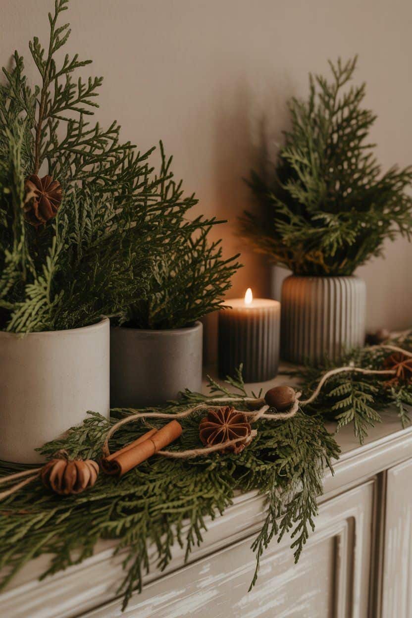 Calm winter home decor: candles, greenery, and natural accents.