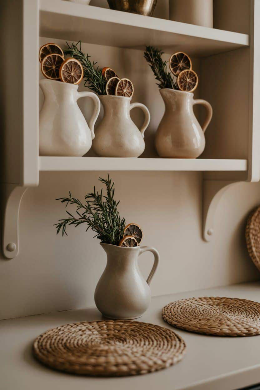 Cream pitchers with dried oranges & rosemary sprigs, winter home decor.