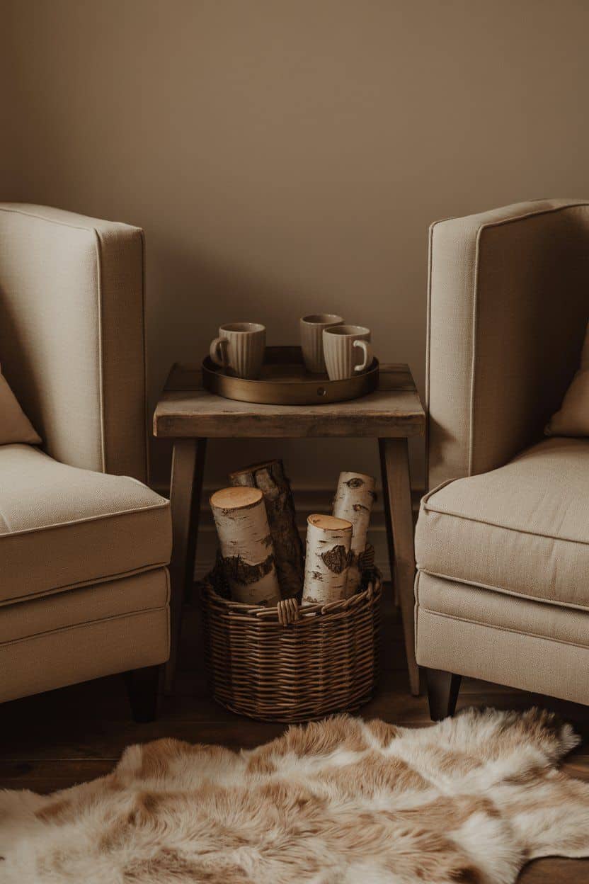 Cozy winter home decor: beige armchairs flanking a side table with mugs and a basket of birch logs.