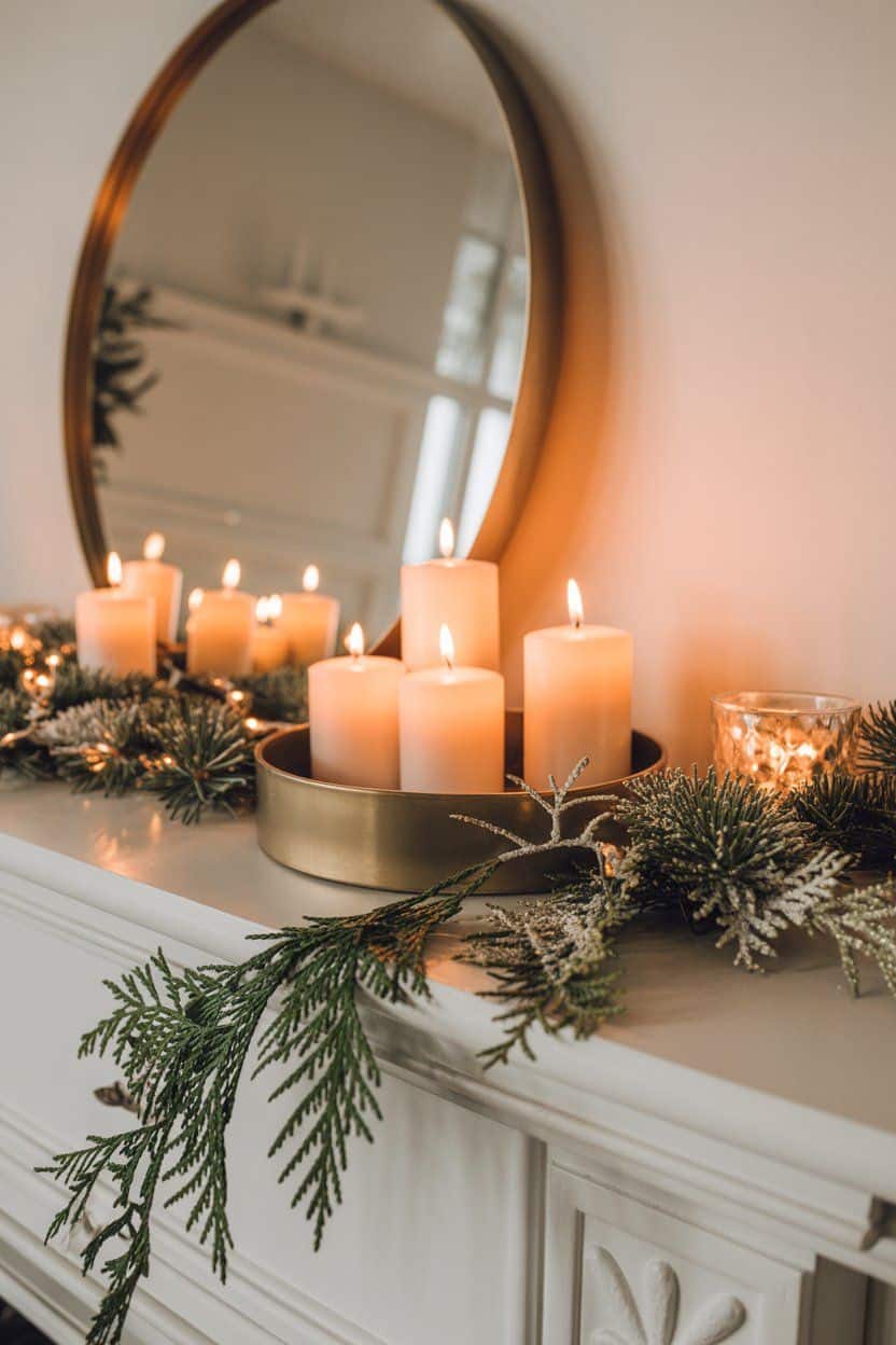 Calm winter home decor: Lit candles and greenery on a mantel.