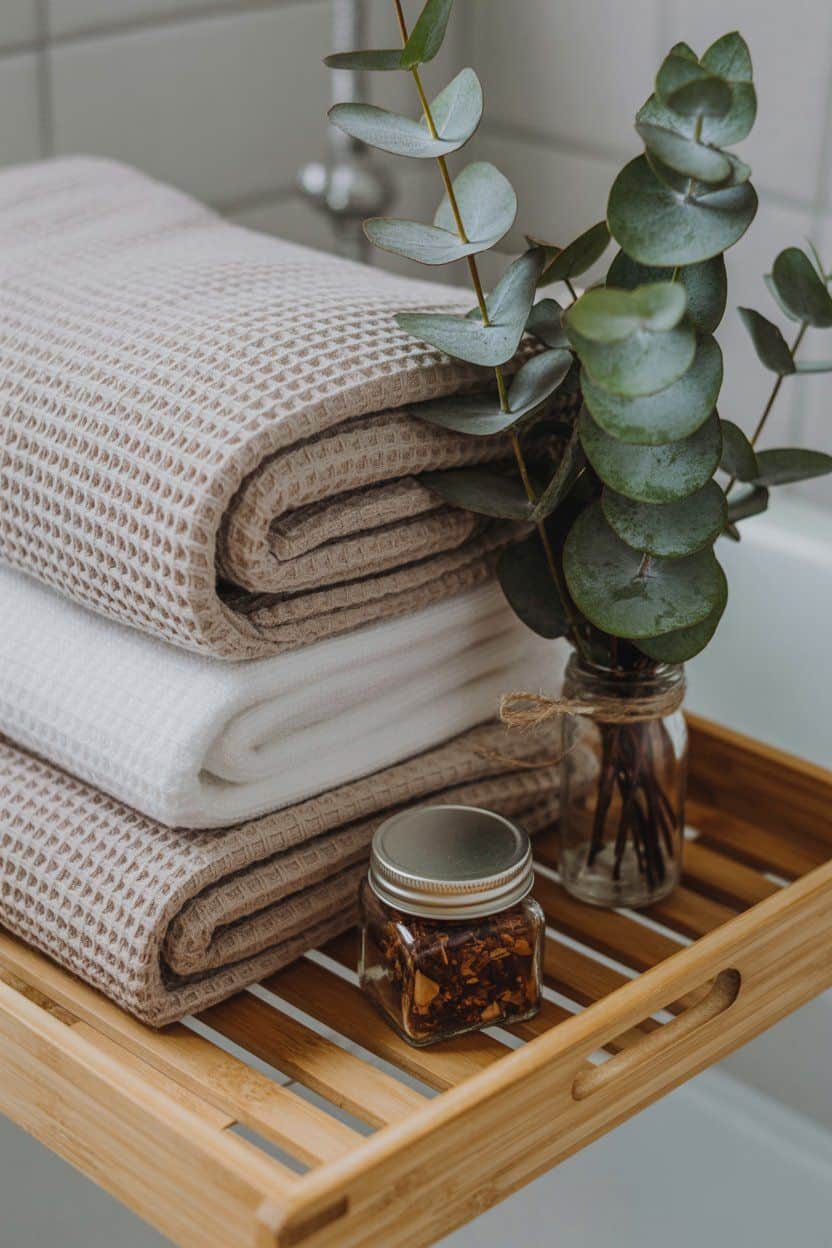 Spa-like winter home decor: Eucalyptus, waffle towels, and bath salts on a bamboo tray.