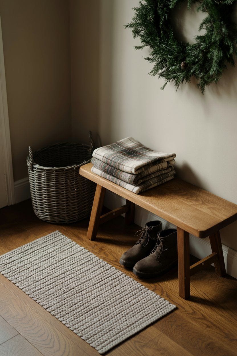 Cozy winter entryway with wooden bench, blankets, and boots. Winter decor ideas for the home.