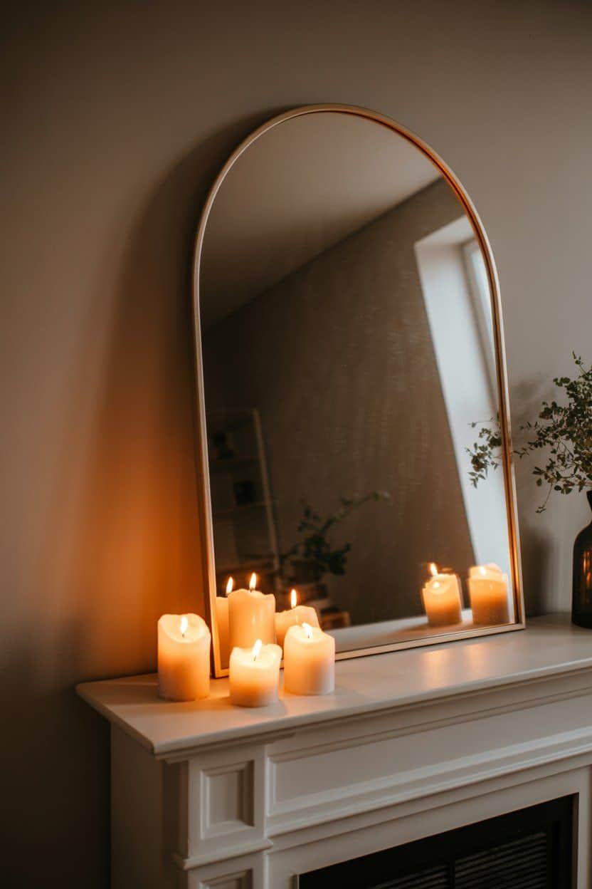 Cozy winter mantle decor: lit candles and arched gold mirror.