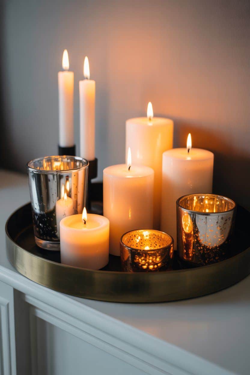Cozy winter mantle decor: candles in glass holders and on a brass tray.