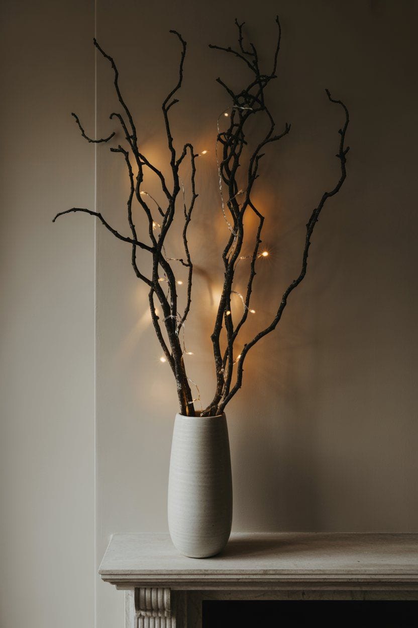 Winter mantle decor: Bare branches with warm fairy lights in a gray vase.
