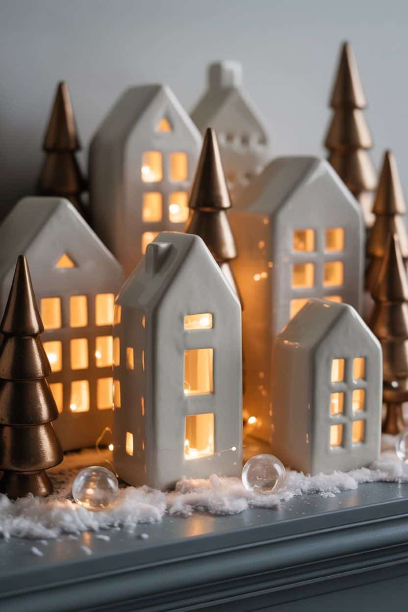 Cozy winter mantle decor: illuminated ceramic houses and gold trees.