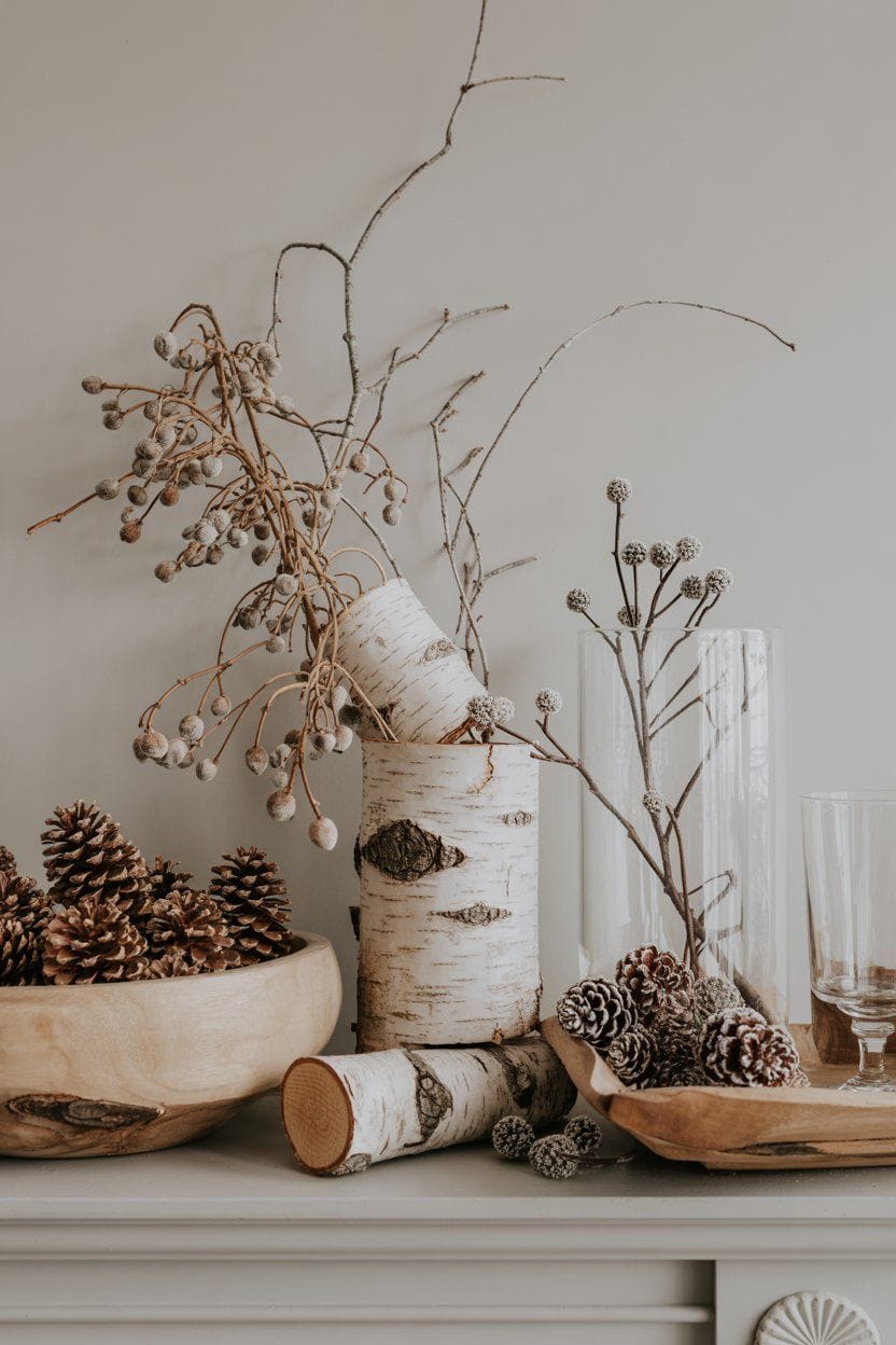 Winter mantle decor: rustic wooden bowls, birch bark vases, pine cones, and dried branches create a cozy arrangement.