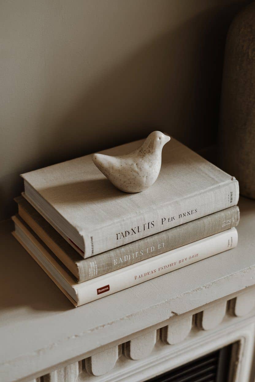 Stone bird figurine on a stack of books; winter mantle decor.