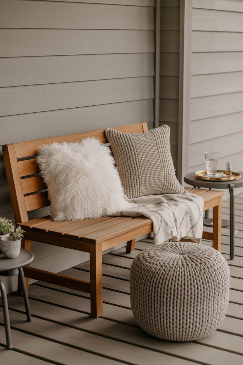 Cozy winter porch with wooden bench, knit throw, and fluffy pillows. Perfect winter porch decor ideas.