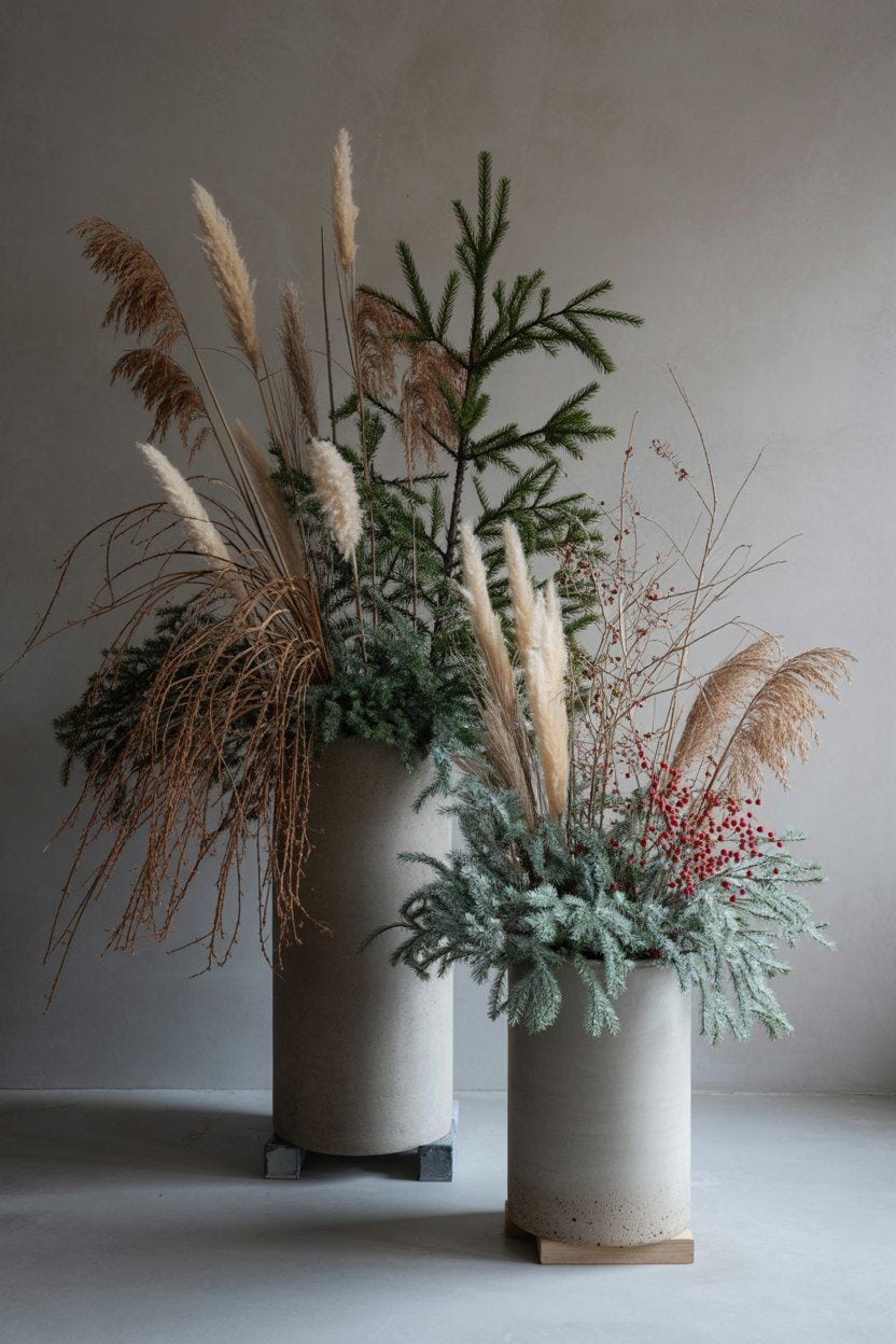 Stylish winter porch decor: Pampas grass and evergreen branches in concrete planters.
