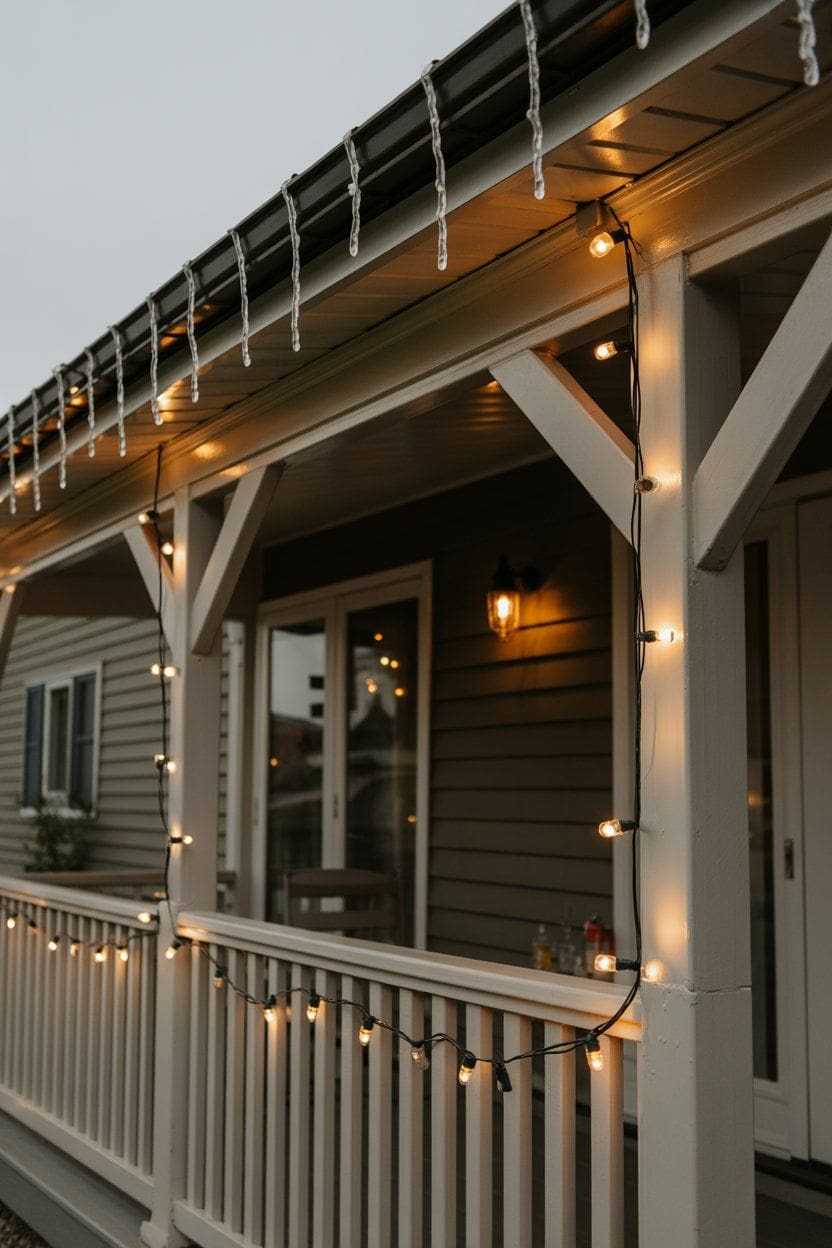 Cozy winter porch with string lights and icicles, showcasing inviting winter porch decor ideas.