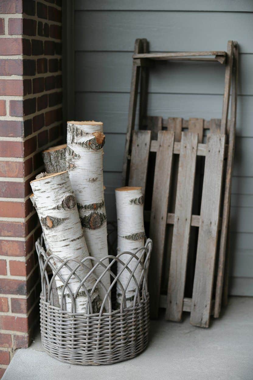 Winter porch decor: birch logs in a wicker basket beside a rustic sled.