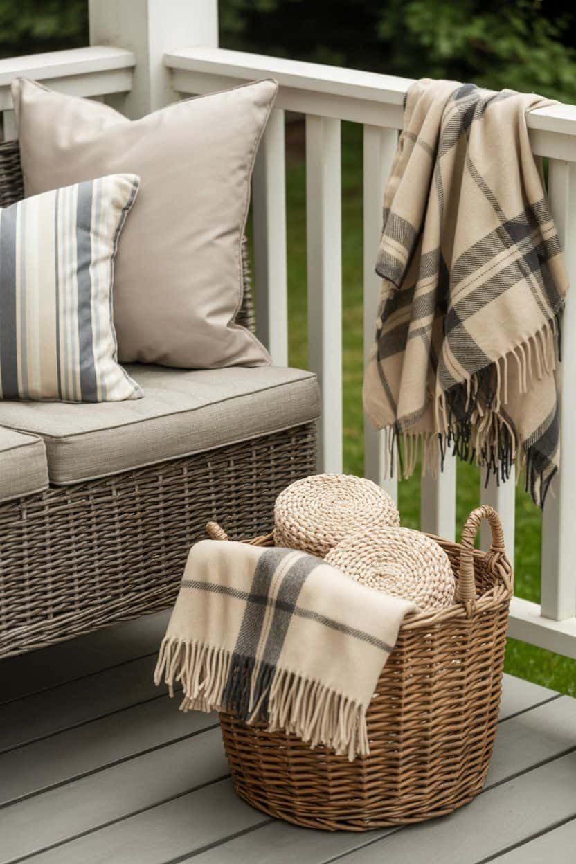 Cozy winter porch with wicker furniture, blankets, and pillows. Winter porch decor ideas.
