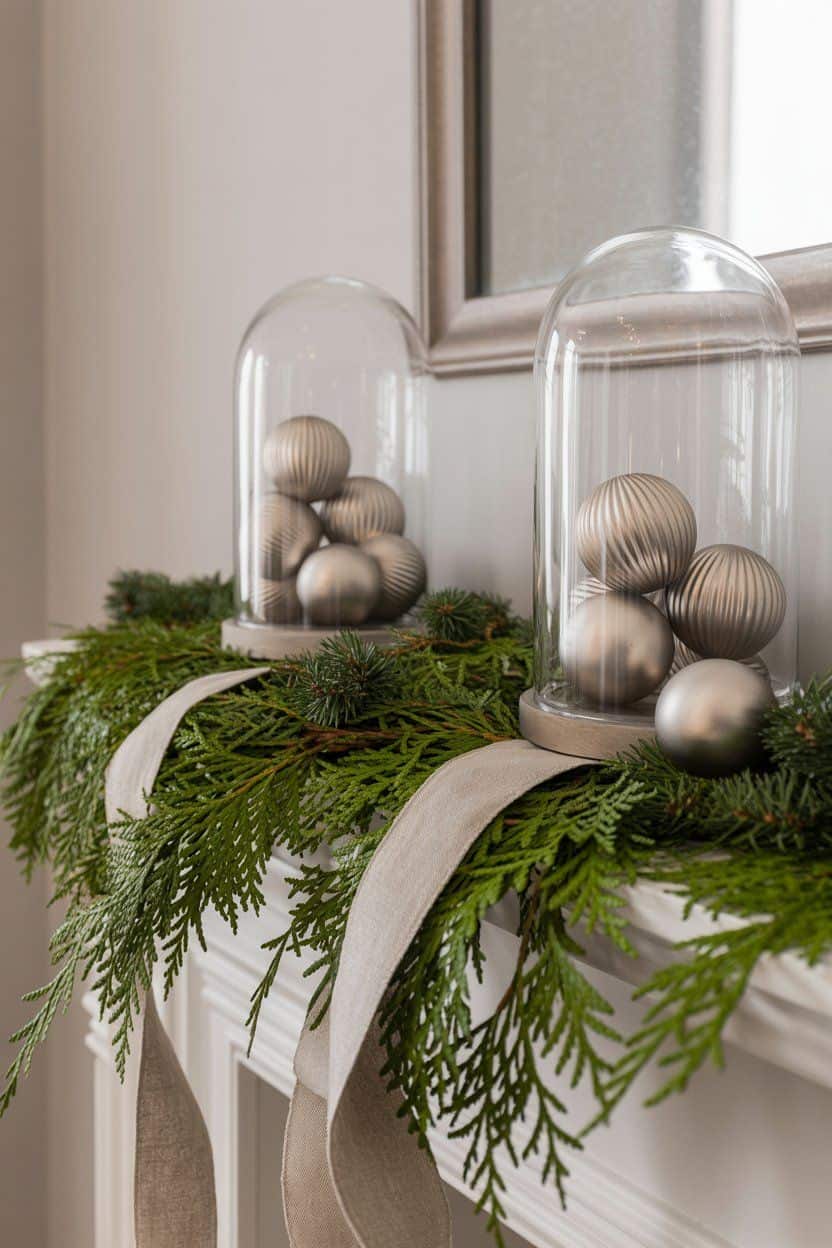 Silver ornaments under glass cloches on a mantelpiece decorated with greenery and linen ribbon. Winter porch decor ideas.