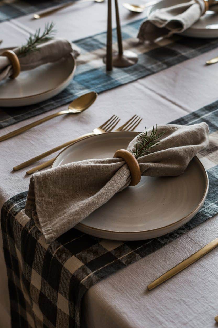 Elegant winter table setting with grey linen napkins, wooden napkin rings, gold flatware, and a blue and black plaid runner. Winter table decor.
