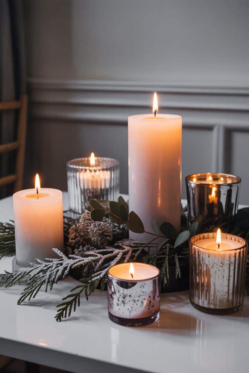 Cozy winter table decor with lit candles and frosted greenery.